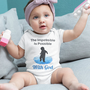 Bella+Canvas baby onesie with “Impossible Baby” design and faith-filled message, soft cotton, envelope neck and snap closure, Christian apparel for infants and spiritual encouragement, baby girl in white onesie